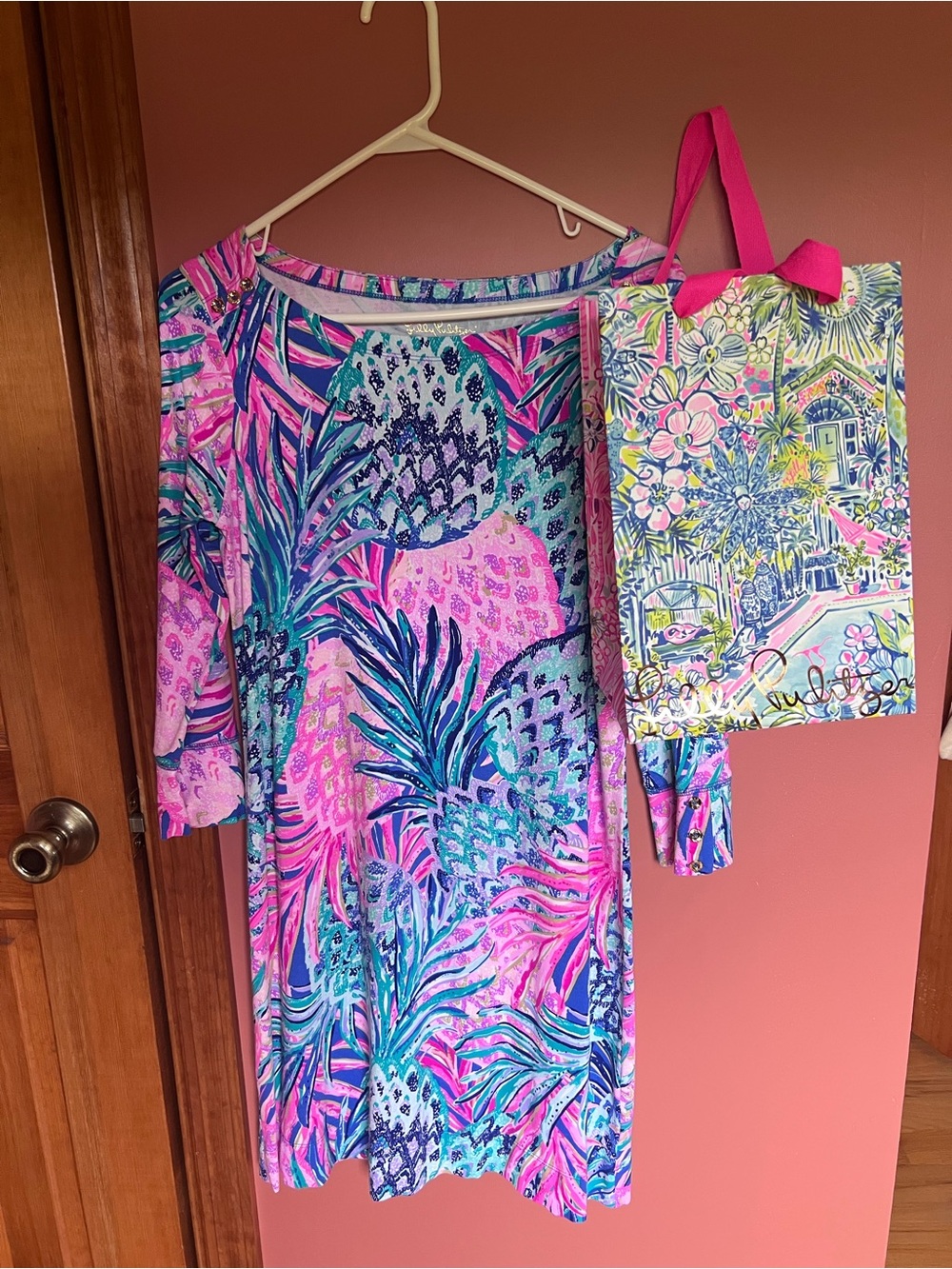 Lilly Pulitzer Pink, Teal & Gold Tropical Print Dress
